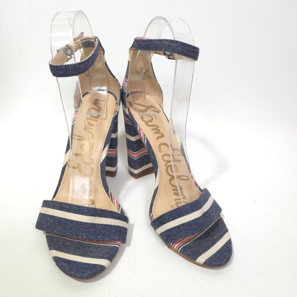 Sam Edelman Susie Stripe Denim Block Heel Sandals Womens Ankle Strap Size 7 Shoe - Picture 7 of 8